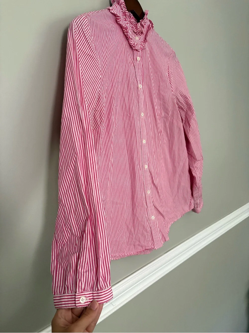 J.Crew Pink White Striped Ruffle Neck Button Down Blouse 100% Cotton M